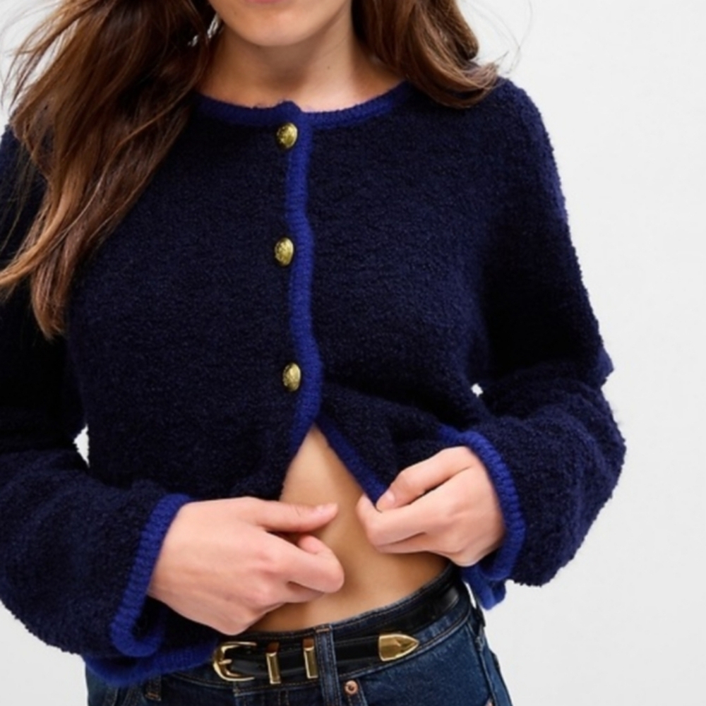 New GAP Boucle Cropped Cardigan - Navy